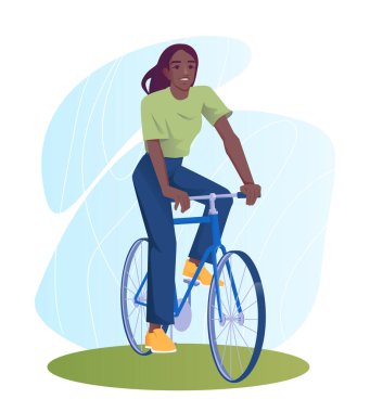 Yazın açık hava aktivitesi. Mutlu gülümseyen kız bisikletçi yaz mevsiminde tatilde parkta bisiklet sürüyor. Aktif boş zaman, eğlence ve eğlence. Çizgi film vektör çizimi beyaz arkaplanda izole edildi