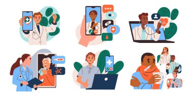 Çevrimiçi tıbbi servis. Hastalar akıllı telefon ekranlarından doktorlarla iletişim kuruyor. Teletıp ve terapistle uzaktan konsültasyon. Düz vektör illüstrasyon koleksiyonu beyaz arkaplanda izole edildi