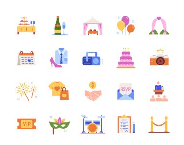 Olay planlama simgeleri ayarlandı. Parti bileti, karnaval maskesi, davetli listesi ve açık büfesi olan renkli tabelalar. Tatil organizasyonu. Düz vektör illüstrasyon koleksiyonu beyaz arkaplanda izole edildi
