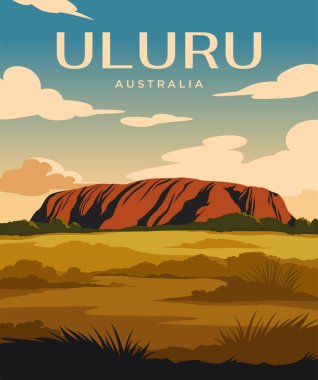 Travel destination poster. Banner with beautiful natural landscape of Uluru, Australia. Outdoor scenery with sand cliff, trees and desert at sunset. Tourism and journey. Cartoon vector illustration clipart