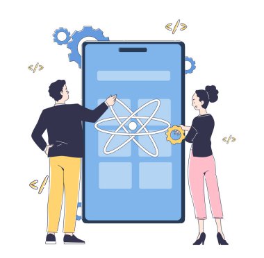 İki geliştirici geniş ekranda görüntülenen mobil bir uygulama arayüzünü analiz ediyor. Çizgi film stili doğrusal vektör çizimi, beyaz arkaplan. Uygulama geliştirme kavramı
