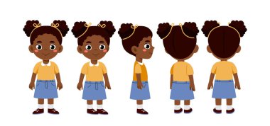 Afrikalı kız takımı. Sıradan giyinmiş liseli kız. Farklı görüş açıları olan karakter sürüsü. Animasyon yaratmak için tasarım elementleri. Düz vektör koleksiyonu beyaz arkaplanda izole edildi