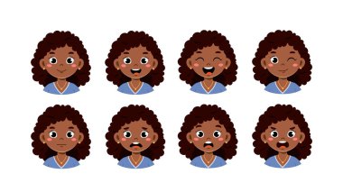 Afrikalı kadın kafaları. Farklı duyguları olan yetişkinler. Çeşitli duyguları olan bir sürü karakter. Animasyon yaratmak için tasarım elementleri. Düz vektör koleksiyonu beyaz arkaplanda izole edildi