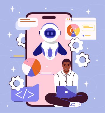 Yapay zeka sitesi olan adam. Genç adam internet robotlarıyla akıllı telefonun yanında oturuyor. Yapay zeka ve makine öğrenimi. Sanal asistan ve yardımcı. Düz vektör çizimi mavi arkaplanda izole edildi