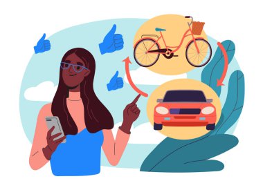 Kadın bisikleti seçiyor. Genç bir kız, araba ve elektrikli taşıma arasında seçim yapar. Çevre dostu ulaşım, tehlikeli atık emisyonlarının azaltılması. Düz vektör çizimi beyaz arkaplanda izole edildi
