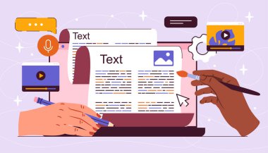 Metin yazarları takımı. Web sitesinin yanında fırçalı ve kalemli eller. Düzenleyiciler web sayfası için makaleler ve ilginç içerik oluştururlar. Yaratıcı blogcular ya da serbest çalışanlar. Düz vektör illüstrasyonu