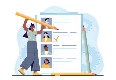 Seçilmiş bir kadın. Büyük kalemli genç kız adayı seçer. Seçim ve demokrasi özgürlüğü, referandum. Siyasetçiye oy. Düz vektör çizimi beyaz arkaplanda izole edildi