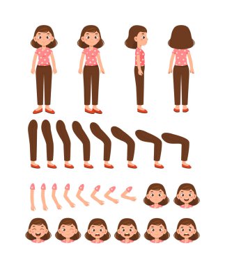 Kafkas aile inşaatçısı seti. Sıradan giyinmiş bir kadın. Bir sürü bacak, kol ve kafa. Animasyon yaratmak için tasarım elementleri. Annenin kişiselleştirilmesi. Düz vektör koleksiyonu