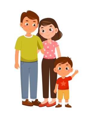 Kafkas aile kavramı. Kadın ve erkek el sallıyor. Çocuklu mutlu ebeveynler. Baba ve anne ve kız. Neşeli insanlar. Düz vektör çizimi beyaz arkaplanda izole edildi
