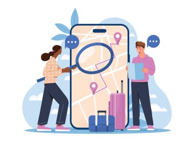 İnsanlar güzergah planlıyor. Büyüteçli kadın ve erkek akıllı telefondan haritaya bakar. Navigasyon, konum belirleme, GPS. Turizm ve seyahat. Düz vektör çizimi beyaz arkaplanda izole edildi
