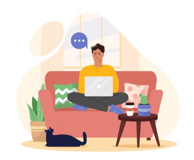 Serbest çalışan bir adam. Bilgisayarlı genç adam internette para kazanıyor. Uzaktan çalışan ve serbest çalışan biri. Çevrimiçi kazancı olan kişi. Düz vektör çizimi beyaz arkaplanda izole edildi