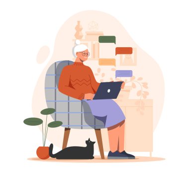 Dizüstü bilgisayarı olan bir büyükanne. Yaşlı bir kadın alet ve alet kullanmayı öğreniyor. Emekliler sosyal ağlar ve anlık haberciler üzerinden iletişim kuruyor. Düz vektör çizimi beyaz arkaplanda izole edildi