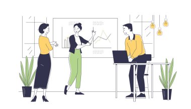 İş sunumu yapan işçiler. Erkek ve kadın, tabloya yakın bir yerde görevdeler. Seminerdeki iş adamları. İş yerinde eğitim ve beyin fırtınası. Beyaz arkaplanda izole edilmiş doğrusal vektör çizimi