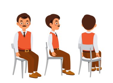 Erkek öğretmen seti. Eğitim işçisi kürsüde oturur. Farklı görüş açıları olan karakter sürüsü. Animasyon yaratmak için tasarım elementleri. Düz vektör koleksiyonu beyaz arkaplanda izole edildi