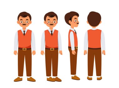 Erkek öğretmen seti. Eğitim işçisi yürüyor. Bir sürü karakter. Eğitim ve öğrenim. Animasyon yaratmak için tasarım elementleri. Düz vektör koleksiyonu beyaz arkaplanda izole edildi