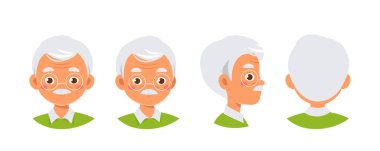 Bir grup yaşlı adam kafası. Gözlüklü yaşlı kişi farklı açılardan bakıyor. Animasyon yaratmak için bir sürü element. Kıdemli ve emekli. Düz vektör koleksiyonu beyaz arkaplanda izole edildi