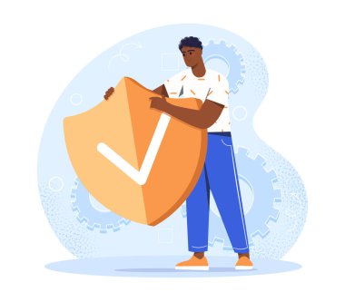 Çevrimiçi virüs koruma kalkanı. Antivirüslü bir adam. İnternetteki kişisel bilgilerin güvenliği. Hacker saldırılarını ve virüsleri önlüyor. Düz vektör çizimi beyaz arkaplanda izole edildi