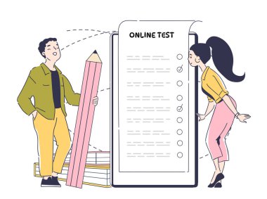 Çevrimiçi testi geçenler. Not defterinin yanındaki kadın ve erkek soruları cevaplıyor. Eğitim ve öğrenme, eğitim. Uzaktan inceleme. Beyaz arkaplanda izole edilmiş doğrusal vektör çizimi