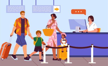 Pasaport kontrolündeki insanlar. Erkek, kadın ve çocuk havaalanında güvenlik taramasından geçiyor. Turistlerin ve yolcuların güvenliği için. Aile sınır kontrolünde. Uçuş kaydı. Düz vektör illüstrasyonu