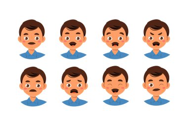 Polis memurları hazır. Üniformalı bıyıklı adam. Çeşitli duyguları olan bir sürü karakter. Animasyon yaratmak için tasarım elementleri. Şerif ve memur bey. Düz vektör koleksiyonu