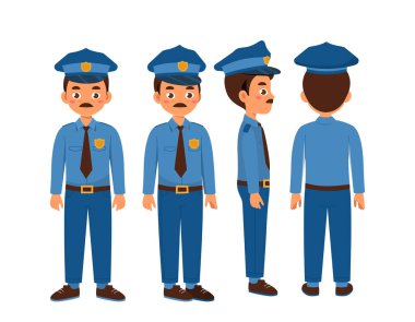 Polis memuru ayarlandı. Şerif üniformalı. Farklı görüş açıları olan karakter sürüsü. Animasyon yaratmak için tasarım elementleri. Koruma ve güvenlik. Düz vektör koleksiyonu