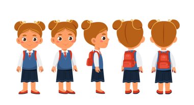 Öğrenci kız inşaatçı seti. Okul üniformalı kız. Farklı görüş açıları olan karakter sürüsü. Animasyon yaratmak için tasarım elementleri. Sırt çantalı çocuk. Düz vektör koleksiyonu
