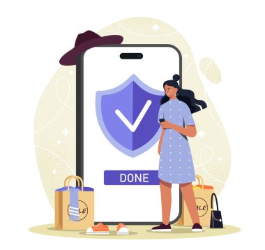 İnternetten alışveriş yapan bir kadın. Akıllı telefonun yanındaki genç kız internetten mal sipariş ediyor. Elektronik ticaret ve ev teslimatı. Pazar yeri, internet mağazası, dükkan. Düz vektör illüstrasyonu