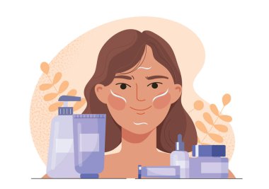 Cilt bakımlı sıradan bir kadın. Genç kız yüz maskesi takıyor. Losyon, krem ve nemlendirici. Cilt bakımı prosedürleri ve güzellik tedavisi. Temizlik ve hijyen. Düz vektör illüstrasyonu