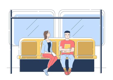 Metrodaki insanlar. Bir adam ve bir kadın trenin içinde seyahat ediyorlar. Şehir altyapısı, şehir metrosundaki yolcular, toplu taşıma. Beyaz arkaplanda izole edilmiş doğrusal vektör çizimi