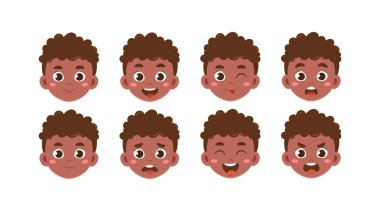 Yaz çocuğu kafaları hazır. Farklı duyguları olan bir çocuk. Çeşitli duyguları olan bir sürü karakter. Animasyon yaratmak için tasarım elementleri. Mutlu ve neşeli bir çocuk. Düz vektör koleksiyonu