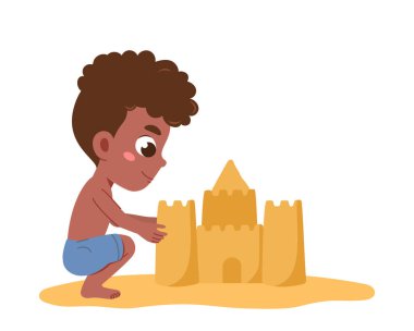 Kumdan kalesi olan çocuk. Kumsaldaki çocuk kumdan bina inşa ediyor. Tropikal ülkelerde eğlence ve dinlenme. Tatil ve tatil. Düz vektör çizimi beyaz arkaplanda izole edildi