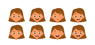 Yaz kızı kafaları hazır. Farklı duyguları olan bir çocuk. Çeşitli duyguları olan bir sürü karakter. Animasyon yaratmak için tasarım elementleri. Çocuk farklı ruh hallerinde. Düz vektör koleksiyonu