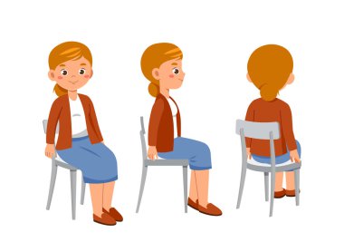 Bayan öğretmen seti. Eğitim işçisi kürsüde oturur. Farklı görüş açıları olan karakter sürüsü. Animasyon yaratmak için tasarım elementleri. Sınıftaki kadın. Düz vektör koleksiyonu