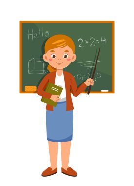 Kadın öğretmen konsepti. Sivri uçlu kadın elinde formüllerle karatahtanın yanında duruyor. Üniversitede ders ya da okulda ders. Eğitim ve öğrenme, eğitim. Düz vektör illüstrasyonu