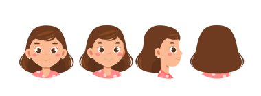 Bir çift kız kafası. Farklı açılardan bakan beyaz bir kız öğrenci. Animasyon yaratmak için bir sürü tasarım elemanı. Sosyal ağlar için Avatar. Düz vektör koleksiyonu beyaz arkaplanda izole edildi