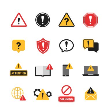 Simgeler ayarlandı. Tedbir, uyarı ve ünlem işaretli renkli semboller. Uygulama veya web sitesi için tasarım ögesi. Düz vektör illüstrasyon koleksiyonu beyaz arkaplanda izole edildi