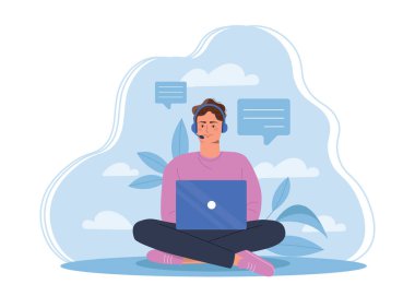 Müşteri hizmetleri görevlisi. Kulaklık takan adam dizüstü bilgisayarla oturur ve müşteri sorularına cevap verir. Uzaktan teknik destek işçisi. Acil durum operatörü. İnternetteki yardım masası. Düz vektör illüstrasyonu