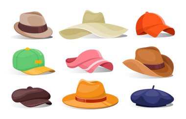 Şapka ve şapkalar hazır. Kıyafet eşyaları. Pembe, yeşil, kahverengi ve turuncu başlıklı. Estetik ve zarafet. Moda, moda ve tarz. Düz vektör koleksiyonu beyaz arkaplanda izole edildi