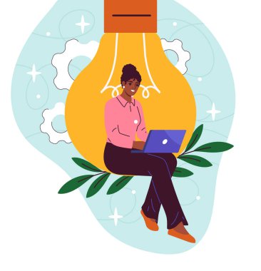 Yenilikçi bir kadın. Dizüstü bilgisayarı olan genç bir kız ampulün üstüne oturur. Girişimci ya da iş kadını. İş kurma ya da proje yapma fikri olan. Düz vektör çizimi beyaz arkaplanda izole edildi