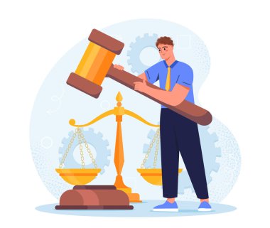 Hukuk ve adalet adamı. Devasa yargıçları olan genç adam terazinin yanında tokmak gibi duruyor. Yargı ve hukuki destek. Yasa ve yargı. Düz vektör çizimi beyaz arkaplanda izole edildi