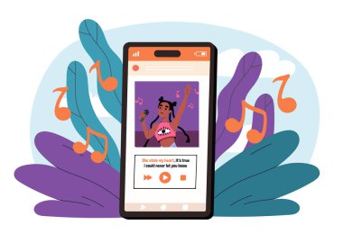 Müzik dinliyordum. Akıllı telefon ekranında mikrofonu olan genç bir kız. Pop şarkıcısı performansı. Eğlence, eğlence ve eğlence. Favori şarkıları olan şarkı listesi. Düz vektör illüstrasyonu