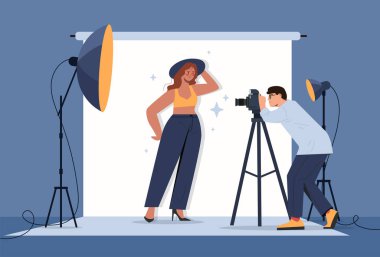 Fotoğraf çekimi konsepti. Kameralı adam genç kızın fotoğrafını çekiyor. Mankenli paparazziler. Moda dergisi için poz veren kız. Düz vektör çizimi mavi arkaplanda izole edildi