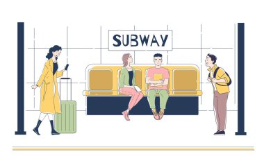 Metrodaki insanlar. Erkekler ve kadınlar tren peronunda. Şehir altyapısı ve toplu taşıma. Trendeki yolcular. Yeraltı metrosu. Beyaz arkaplanda izole edilmiş doğrusal vektör çizimi