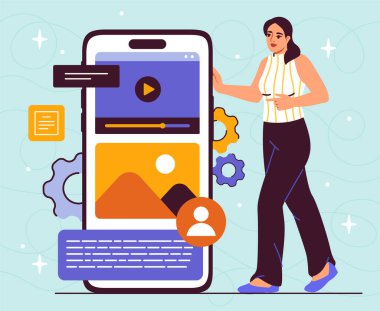 Sosyal medya uygulaması. Kadın elinde multimedya programı olan akıllı telefon ekranının yanında duruyor. Mobil uygulama için UI ve UX tasarımı. Telefondaki görüntü ve görüntü. Düz vektör çizimi mavi arkaplanda izole edildi