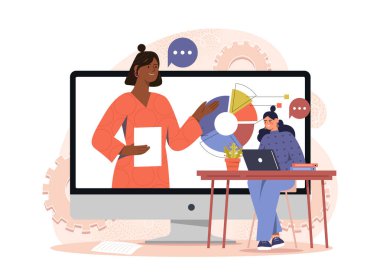 İnternet buluşması olan bir kadın. Dizüstü bilgisayarı olan genç bir kız iş konferansı ya da seminer izliyor. Profesyonel video araması. Uzaktan eğitim, eğitim, öğrenme. Düz vektör illüstrasyonu