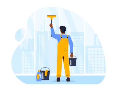 Adam cam siliyor. Kovası ve kazıyıcısı olan üniformalı genç adam camları siliyor. Temizlik ve hijyen. Deterjanla temizlik işçisi. Düz vektör çizimi beyaz arkaplanda izole edildi