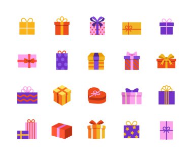 Kurdele simgeli hediye kutuları. Paket kağıdında hediye kutuları, sürprizler ve bayram hediyeleri olan renkli tabelalar. Uygulama için tasarım. Düz vektör illüstrasyon koleksiyonu beyaz arkaplanda izole edildi