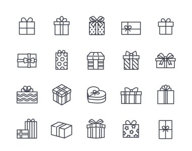 Kurdele çizgisi simgeli hediye kutuları. Bayram, doğum günü ya da Noel için hediyeler ve sürprizlerle dolu semboller. Düzenlenebilir felç. Taslak vektör illüstrasyon koleksiyonu beyaz arkaplanda izole edildi