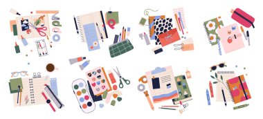 Kırtasiye malzemeleri seti. El yapımı, el yapımı, el yapımı ve yaratıcı hobiler için aletler, malzemeler ve ekipmanlar. Defterler, boyalar ve kalemler. Düz vektör illüstrasyon koleksiyonu beyaz arkaplanda izole edildi