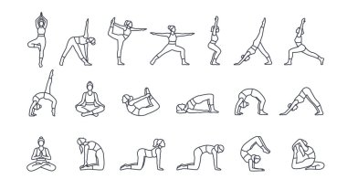 Yoga dizileri çizgi simgeleri oluşturur. Yoga ya da asana pozlarında kadın figürlü semboller. Spor, spor ve pilates. Taslak vektör illüstrasyon koleksiyonu beyaz arkaplanda izole edildi